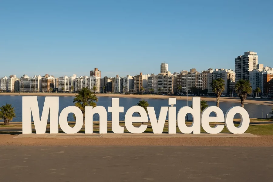 Cartel con las letras de Montevideo frente a la rambla y los edificios de la costa, con el Río de la Plata al fondo.
