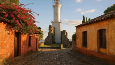 Vista do farol e das ruínas do Convento de São Francisco em Colônia do Sacramento, com ruas de paralelepípedos, casas coloniais e flores coloridas ao pôr do sol.