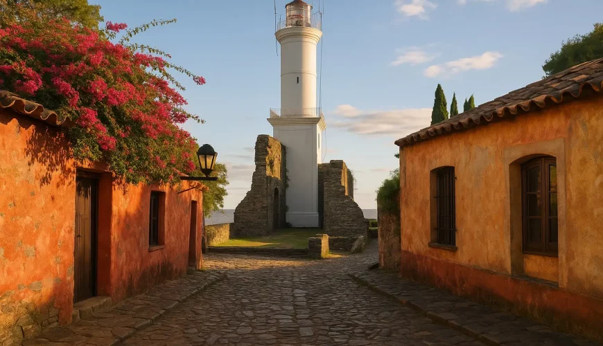Vista do farol e das ruínas do Convento de São Francisco em Colônia do Sacramento, com ruas de paralelepípedos, casas coloniais e flores coloridas ao pôr do sol.