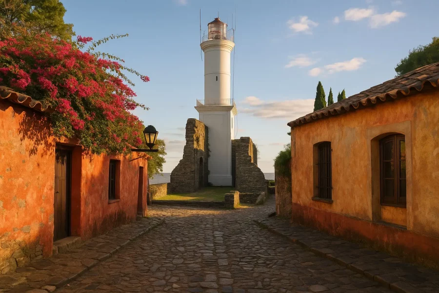 Vista del faro y las ruinas del Convento de San Francisco en Colonia del Sacramento, con calles empedradas, casas coloniales y flores coloridas al atardecer.