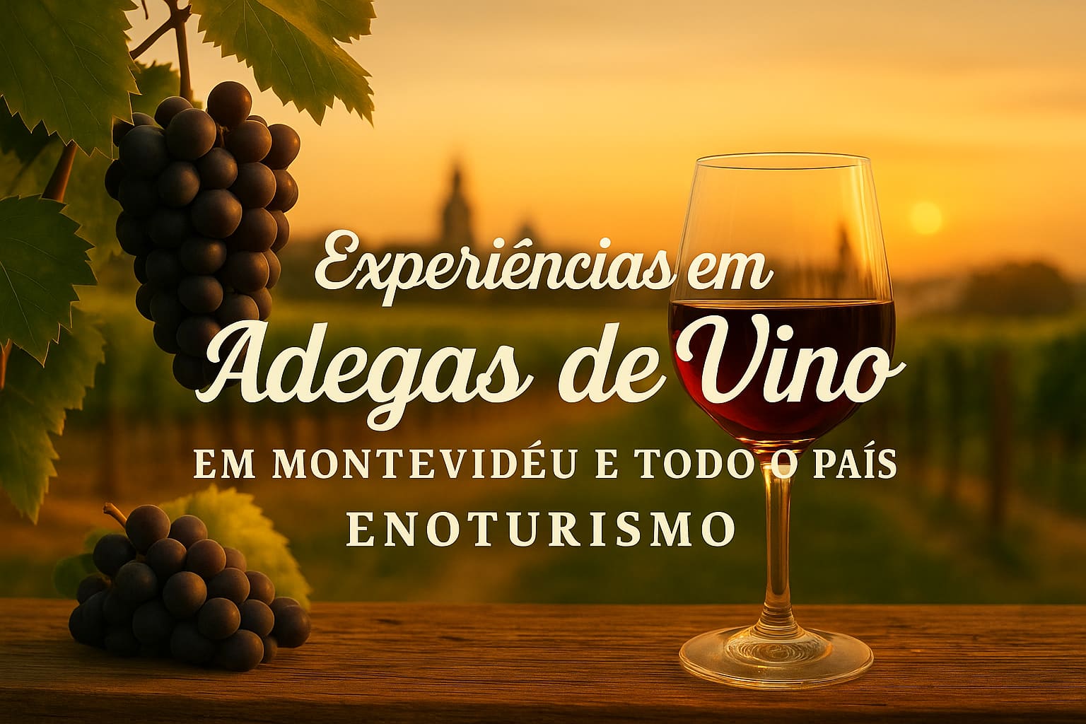 Experiências enoturísticas em adegas com degustação de vinhos ao pôr do sol em vinhedo.